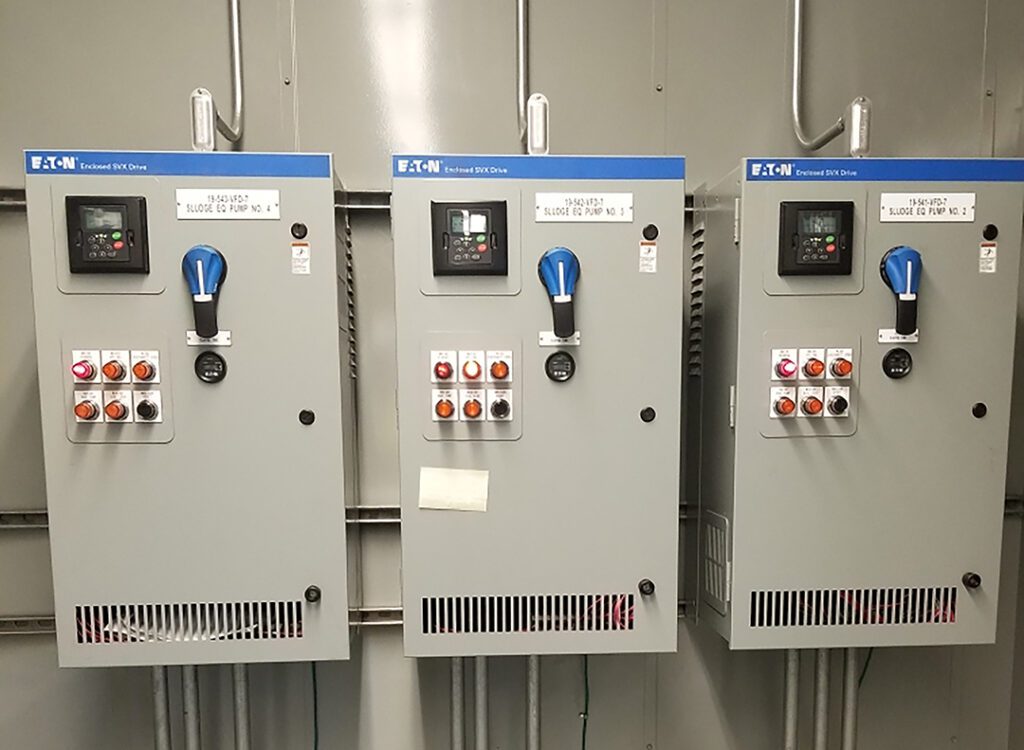 A group of electrical panels in the Deer Valley Water Treatment Plant room.